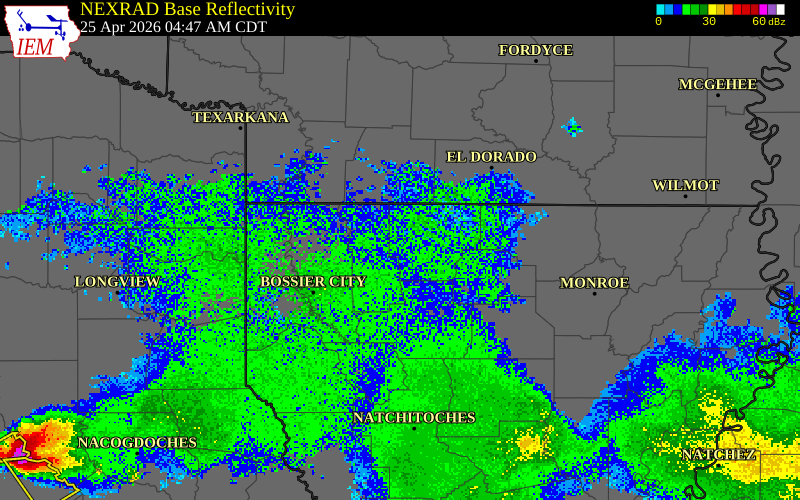 NEXRAD radar during the Saturday, April 25, 2026 storm activity in Claiborne Parish, Louisiana