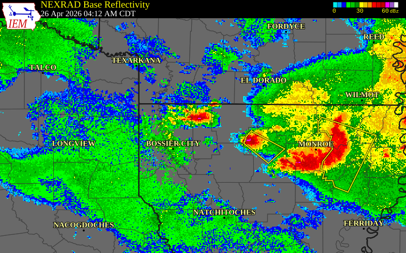 NEXRAD radar during the Sunday, April 26, 2026 storm activity in Claiborne Parish, Louisiana