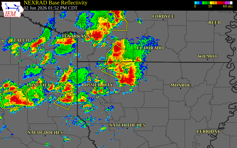 NEXRAD radar during the Tuesday, June 2, 2026 storm activity in Claiborne Parish, Louisiana