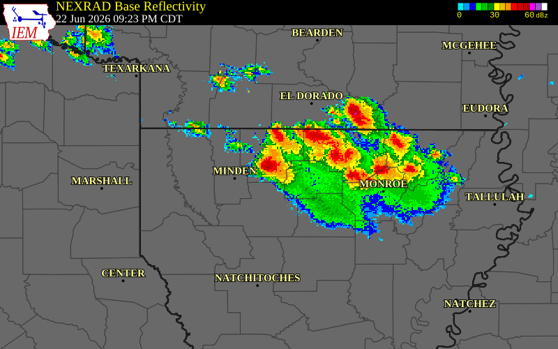 NEXRAD radar during the Monday, June 22, 2026 storm activity in Claiborne Parish, Louisiana