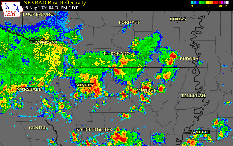 NEXRAD radar during the Saturday, August 8, 2026 storm activity in Claiborne Parish, Louisiana