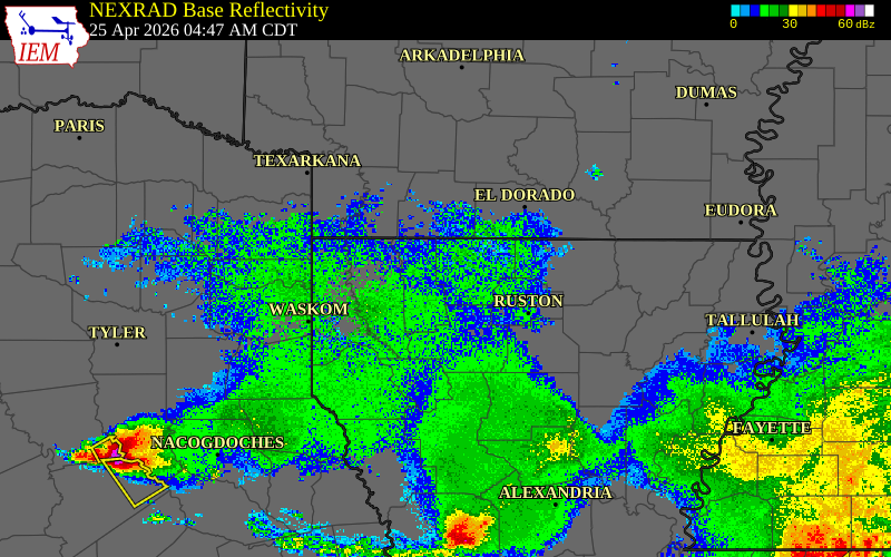 Radar snapshot during the Apr 25, 2026 hail event near 7 WSW Homer, Claiborne Parish, Louisiana, with NWS warning polygons