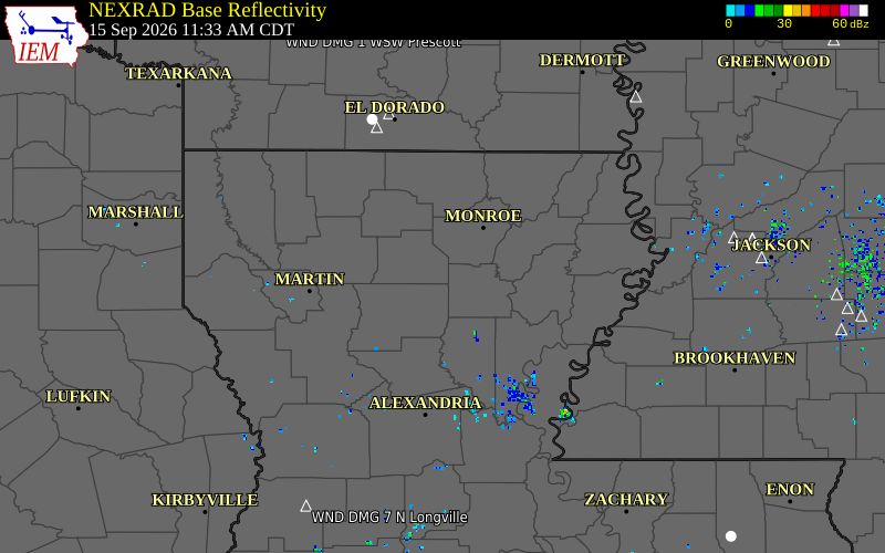 Current NEXRAD radar over Claiborne Parish, Louisiana with recent storm report locations