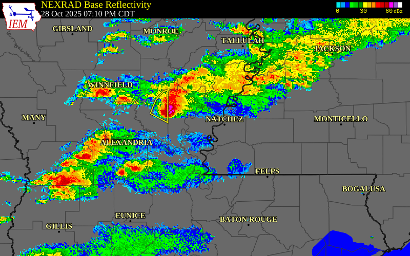 NEXRAD radar during the Tuesday, October 28, 2025 storm activity in Concordia Parish, Louisiana