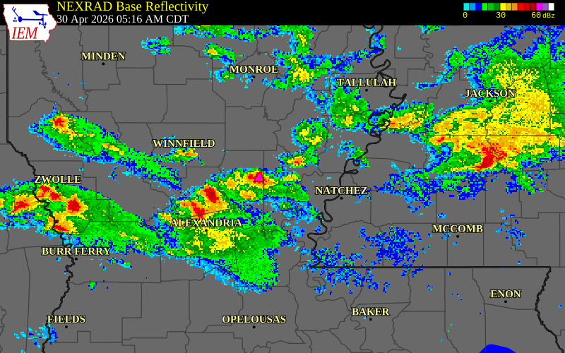 NEXRAD radar during the Thursday, April 30, 2026 storm activity in Concordia Parish, Louisiana