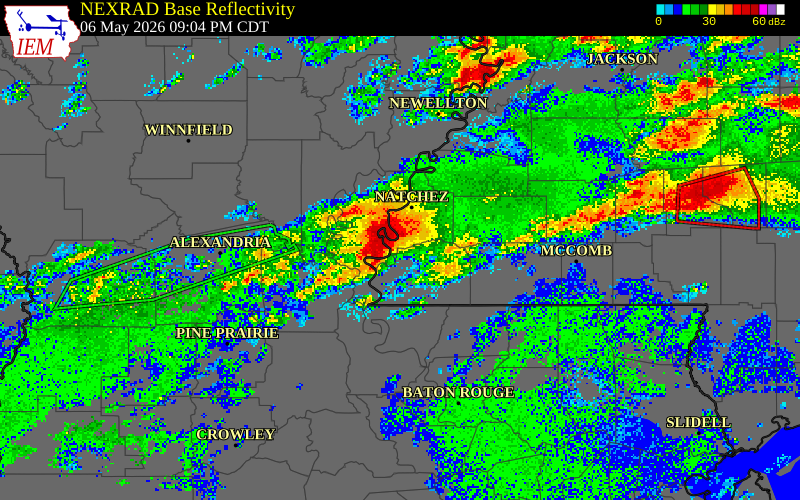 NEXRAD radar during the Wednesday, May 6, 2026 storm activity in Concordia Parish, Louisiana