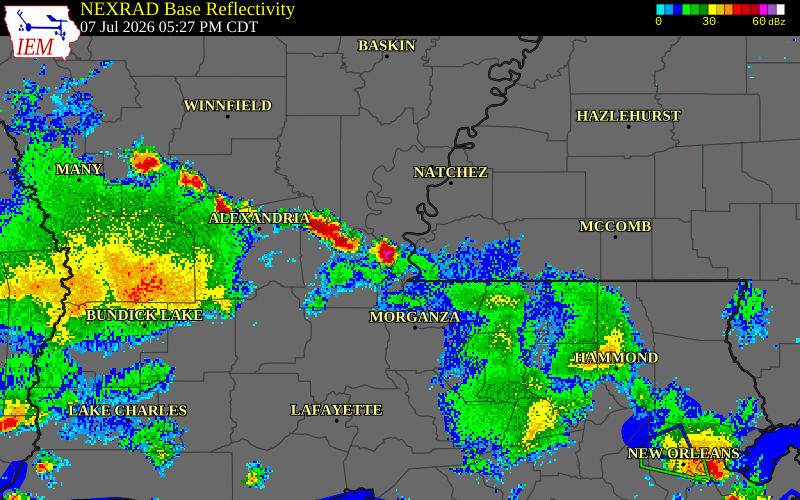 NEXRAD radar during the Tuesday, July 7, 2026 storm activity in Concordia Parish, Louisiana