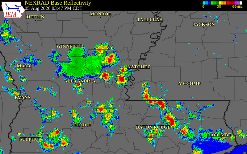 NEXRAD radar during the Wednesday, August 5, 2026 storm activity in Concordia Parish, Louisiana