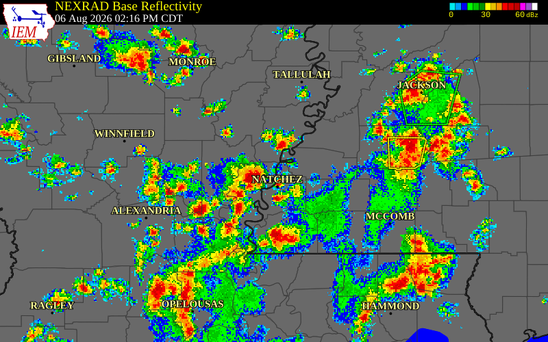 NEXRAD radar during the Thursday, August 6, 2026 storm activity in Concordia Parish, Louisiana