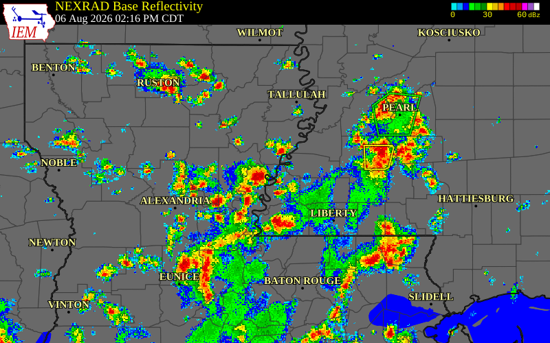 Radar snapshot during the Aug 6, 2026 hail event near Concordia Parish, Concordia Parish, Louisiana, with NWS warning polygons
