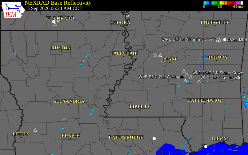Current NEXRAD radar over Concordia Parish, Louisiana with recent storm report locations