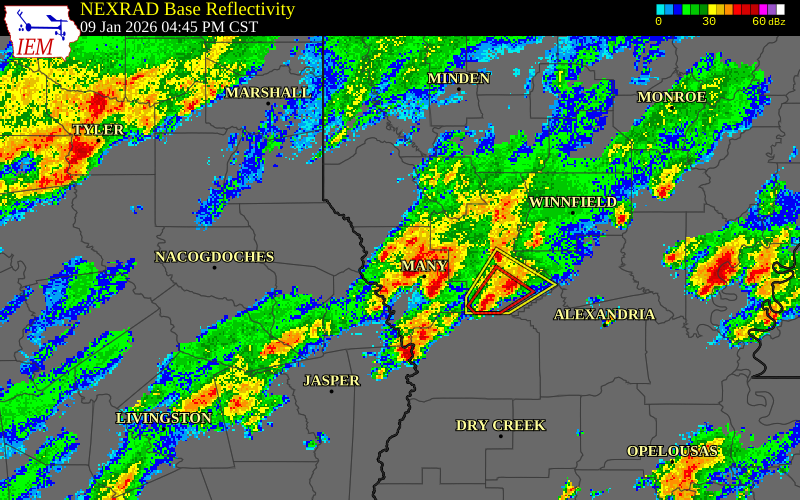 NEXRAD radar during the Friday, January 9, 2026 storm activity in De Soto Parish, Louisiana