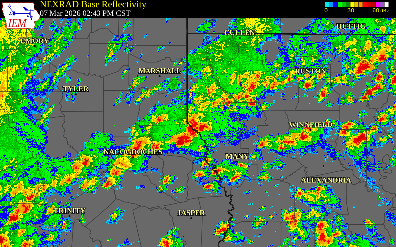 NEXRAD radar during the Saturday, March 7, 2026 storm activity in De Soto Parish, Louisiana