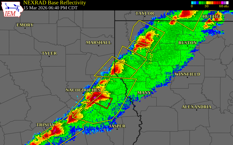 NEXRAD radar during the Sunday, March 15, 2026 storm activity in De Soto Parish, Louisiana