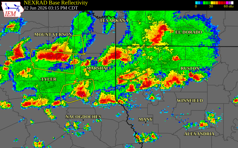 NEXRAD radar during the Tuesday, June 2, 2026 storm activity in De Soto Parish, Louisiana