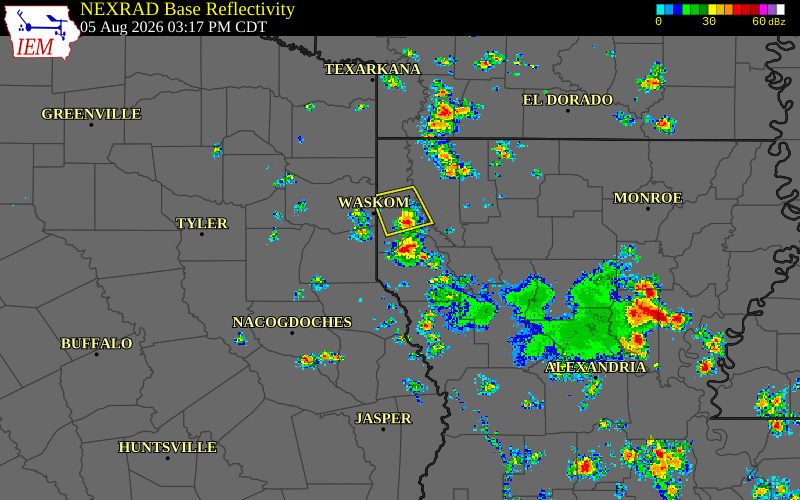 Radar snapshot during the Aug 5, 2026 wind event near De Soto Parish, De Soto Parish, Louisiana, with NWS warning polygons