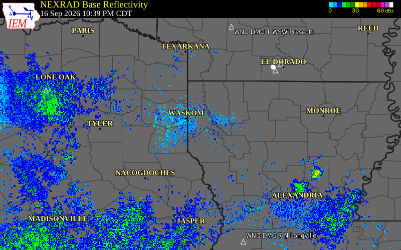 Current NEXRAD radar over De Soto Parish, Louisiana with recent storm report locations