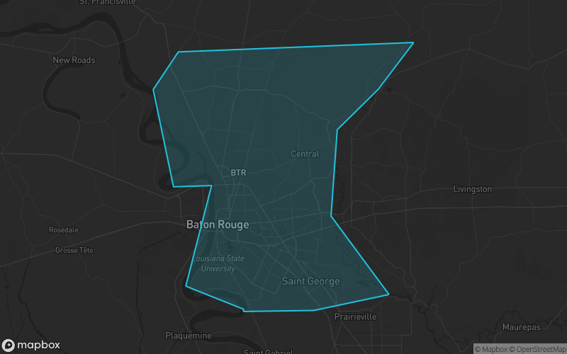 Map of East Baton Rouge Parish, Louisiana showing the county boundary and surrounding cities