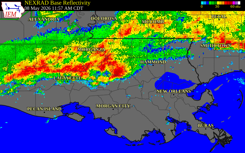 NEXRAD radar during the Friday, May 8, 2026 storm activity in East Baton Rouge Parish, Louisiana