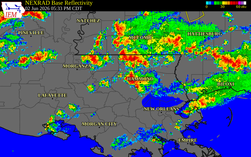 NEXRAD radar during the Tuesday, June 2, 2026 storm activity in East Baton Rouge Parish, Louisiana