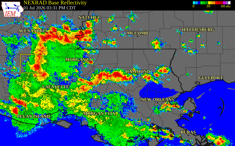 NEXRAD radar during the Wednesday, July 1, 2026 storm activity in East Baton Rouge Parish, Louisiana