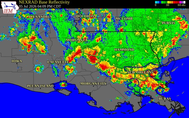 NEXRAD radar during the Sunday, July 5, 2026 storm activity in East Baton Rouge Parish, Louisiana