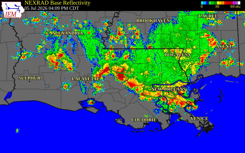 Radar snapshot during the Jul 5, 2026 wind event near 2 WSW Gardere, East Baton Rouge Parish, Louisiana, with NWS warning polygons