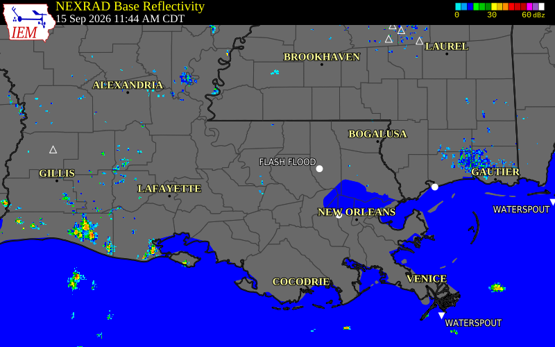 Current NEXRAD radar over East Baton Rouge Parish, Louisiana with recent storm report locations