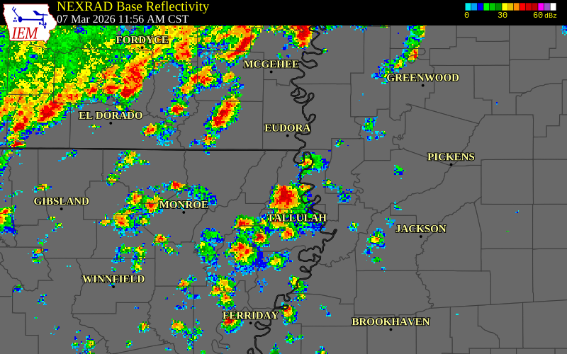NEXRAD radar during the Saturday, March 7, 2026 storm activity in East Carroll Parish, Louisiana
