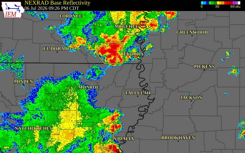 NEXRAD radar during the Monday, July 6, 2026 storm activity in East Carroll Parish, Louisiana