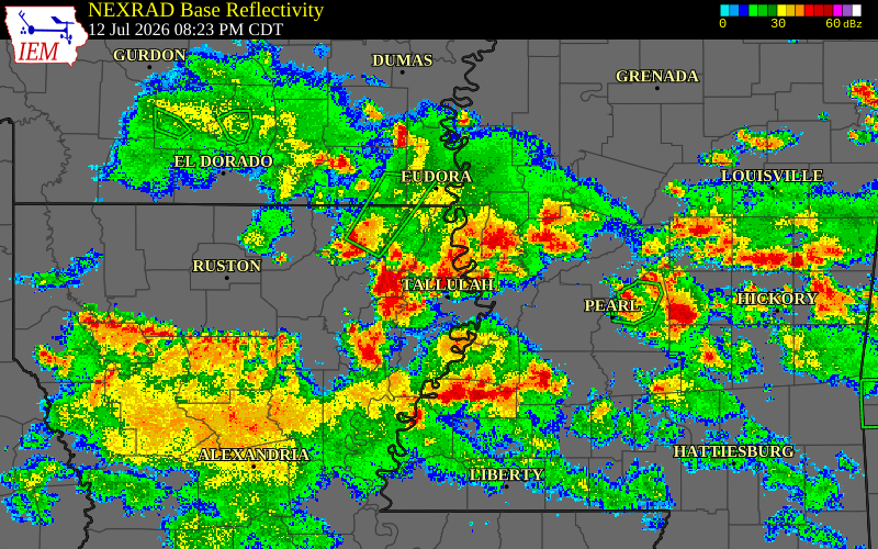 Radar snapshot during the Jul 12, 2026 wind event near East Carroll Parish, East Carroll Parish, Louisiana, with NWS warning polygons