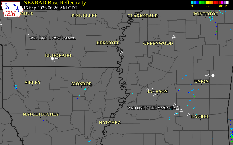 Current NEXRAD radar over East Carroll Parish, Louisiana with recent storm report locations
