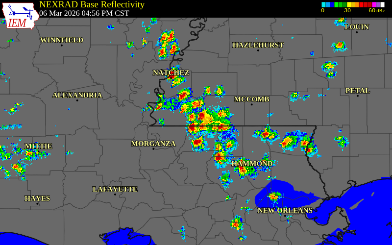 NEXRAD radar during the Friday, March 6, 2026 storm activity in East Feliciana Parish, Louisiana