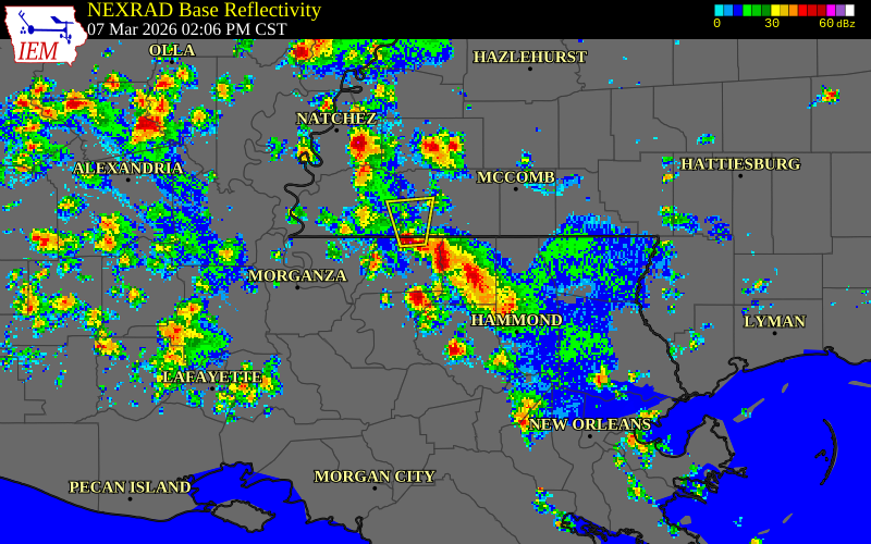 NEXRAD radar during the Saturday, March 7, 2026 storm activity in East Feliciana Parish, Louisiana