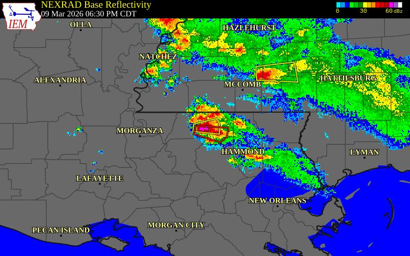 NEXRAD radar during the Monday, March 9, 2026 storm activity in East Feliciana Parish, Louisiana