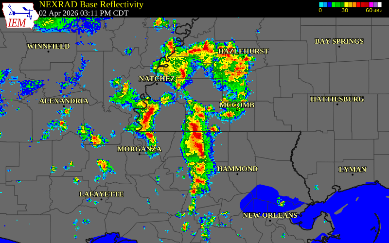 NEXRAD radar during the Thursday, April 2, 2026 storm activity in East Feliciana Parish, Louisiana