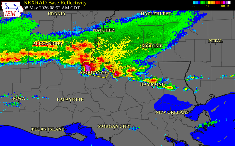 NEXRAD radar during the Friday, May 8, 2026 storm activity in East Feliciana Parish, Louisiana