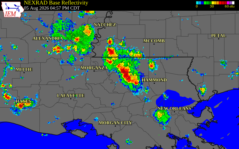 NEXRAD radar during the Wednesday, August 5, 2026 storm activity in East Feliciana Parish, Louisiana