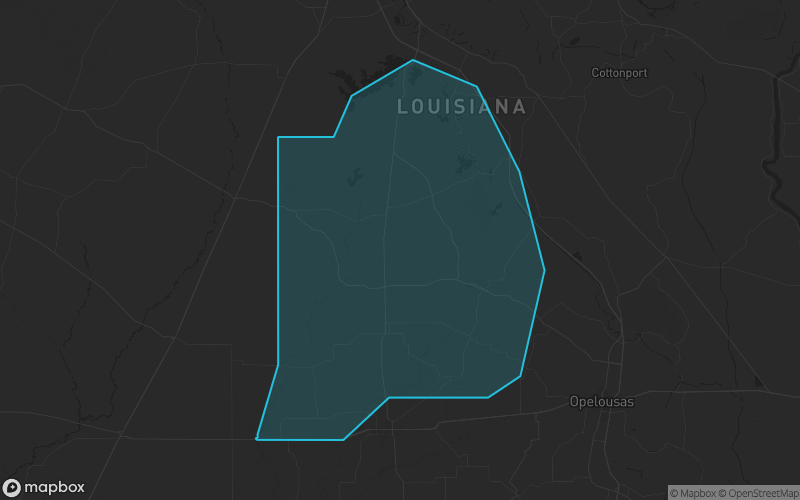 Map of Evangeline Parish, Louisiana showing the county boundary and surrounding cities