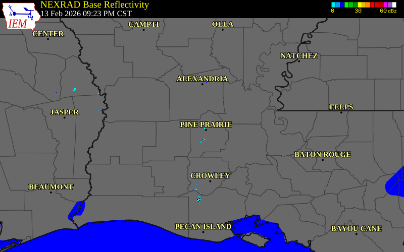 NEXRAD radar during the Friday, February 13, 2026 storm activity in Evangeline Parish, Louisiana