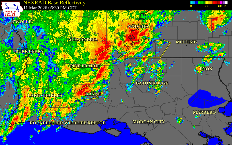 NEXRAD radar during the Wednesday, March 11, 2026 storm activity in Evangeline Parish, Louisiana