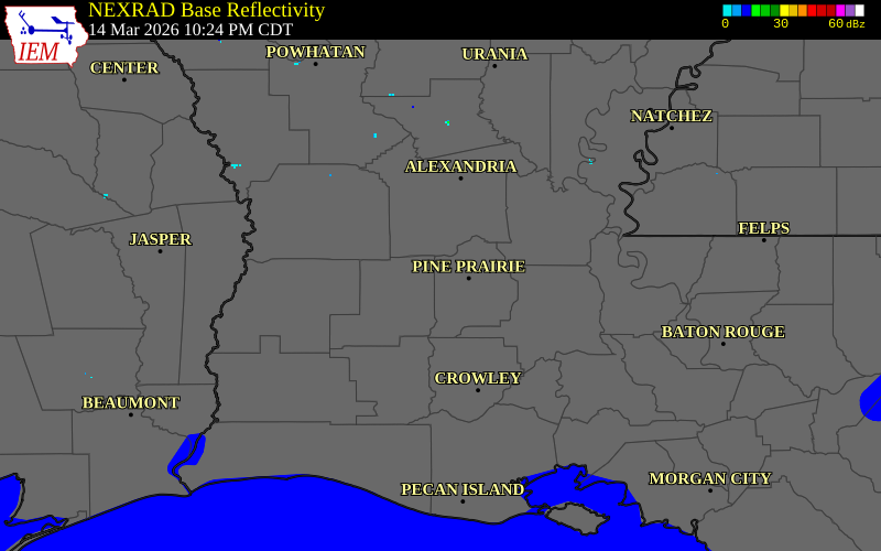 NEXRAD radar during the Saturday, March 14, 2026 storm activity in Evangeline Parish, Louisiana