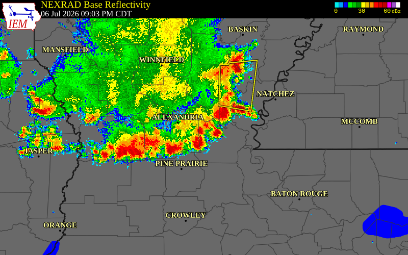 NEXRAD radar during the Monday, July 6, 2026 storm activity in Evangeline Parish, Louisiana