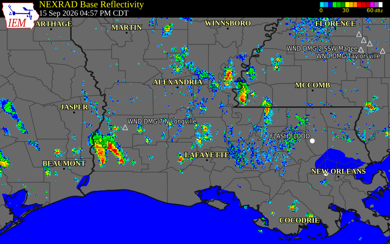 Current NEXRAD radar over Evangeline Parish, Louisiana with recent storm report locations