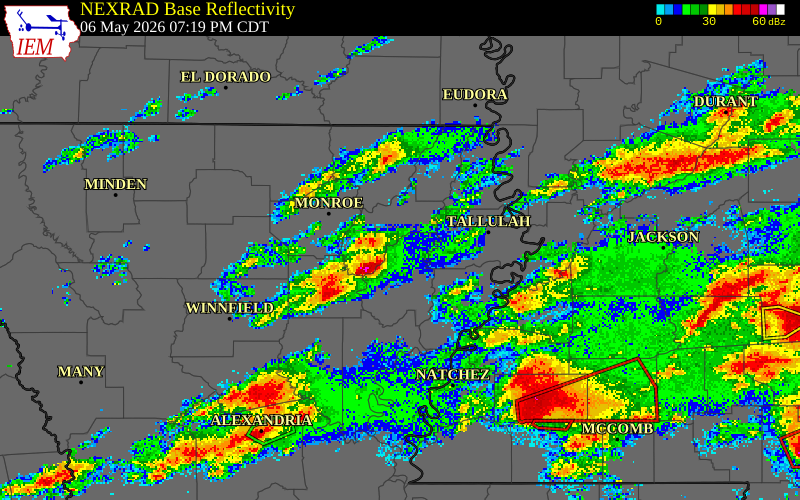 NEXRAD radar during the Wednesday, May 6, 2026 storm activity in Franklin Parish, Louisiana