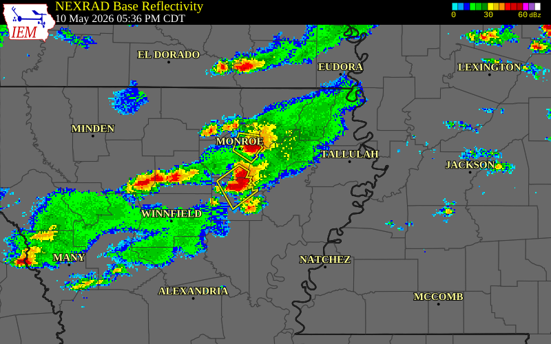 NEXRAD radar during the Sunday, May 10, 2026 storm activity in Franklin Parish, Louisiana