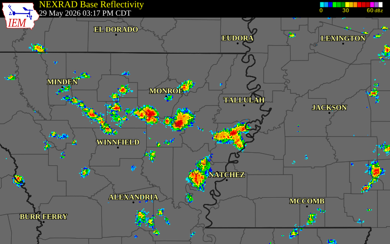 NEXRAD radar during the Friday, May 29, 2026 storm activity in Franklin Parish, Louisiana