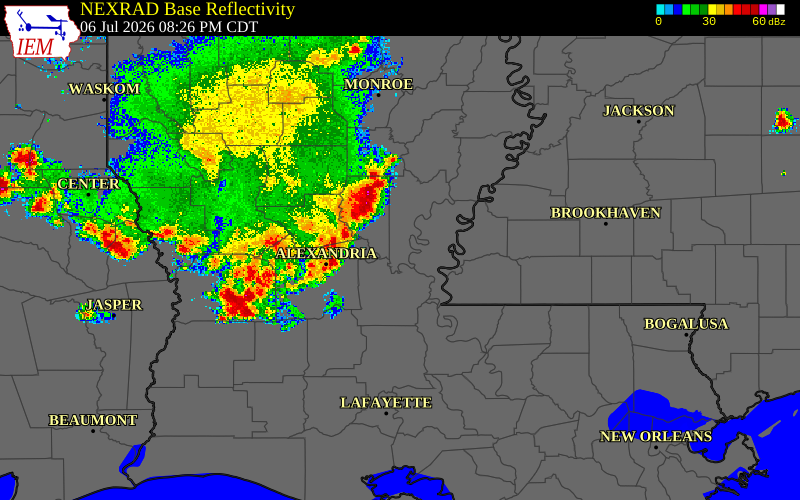 Radar snapshot during the Jul 6, 2026 wind event near Franklin Parish, Franklin Parish, Louisiana, with NWS warning polygons