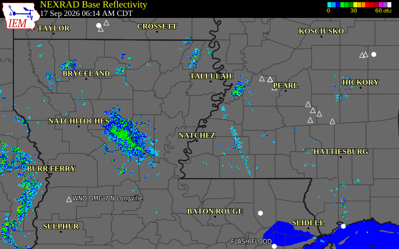 Current NEXRAD radar over Franklin Parish, Louisiana with recent storm report locations