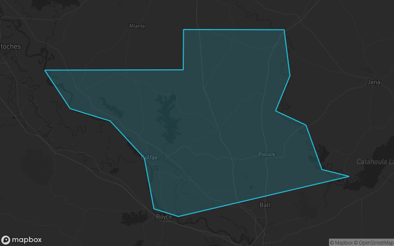 Map of Grant Parish, Louisiana showing the county boundary and surrounding cities